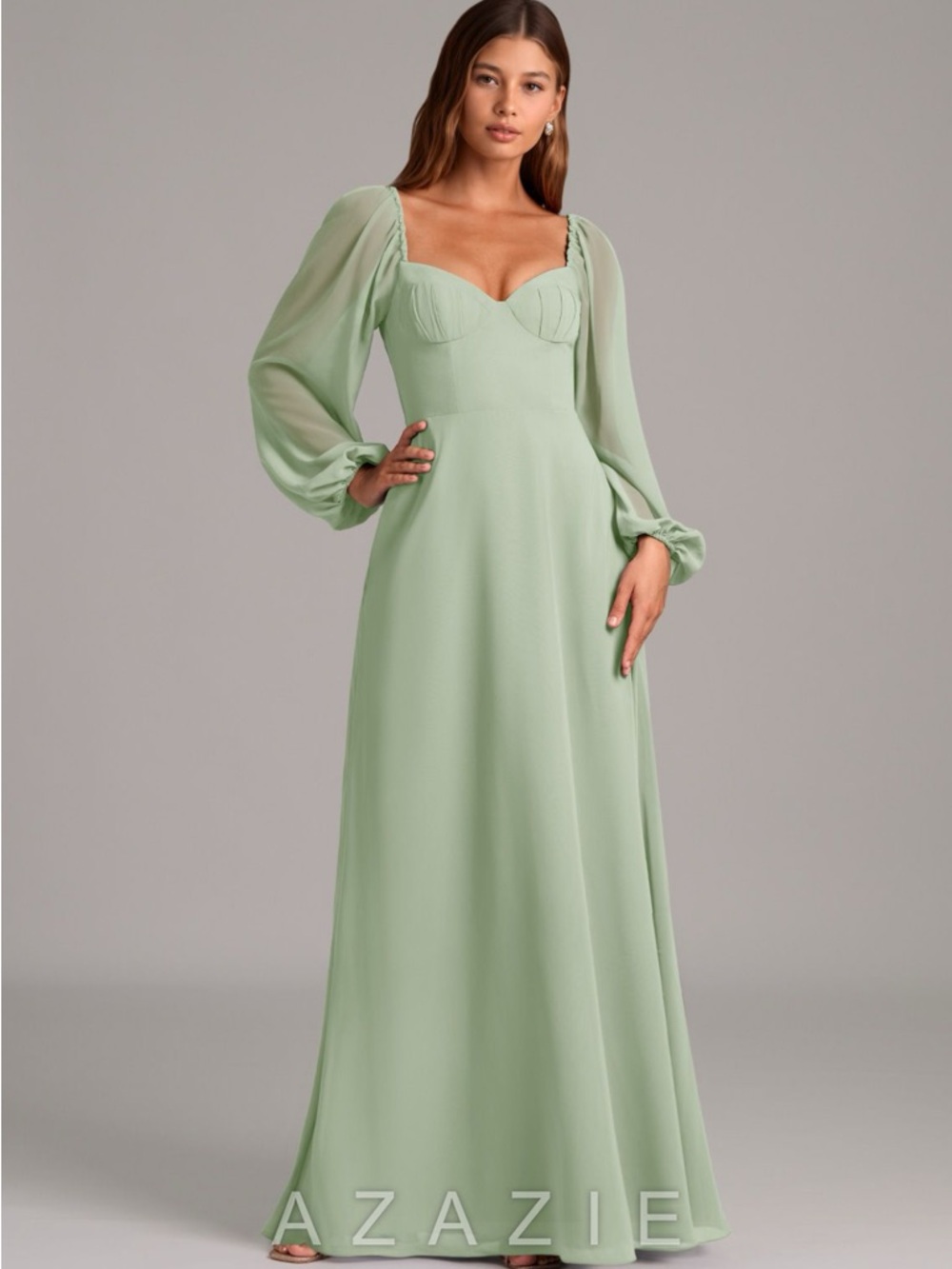 Azazie Sage Green Long Sleeve Sweetheart Neck Maxi